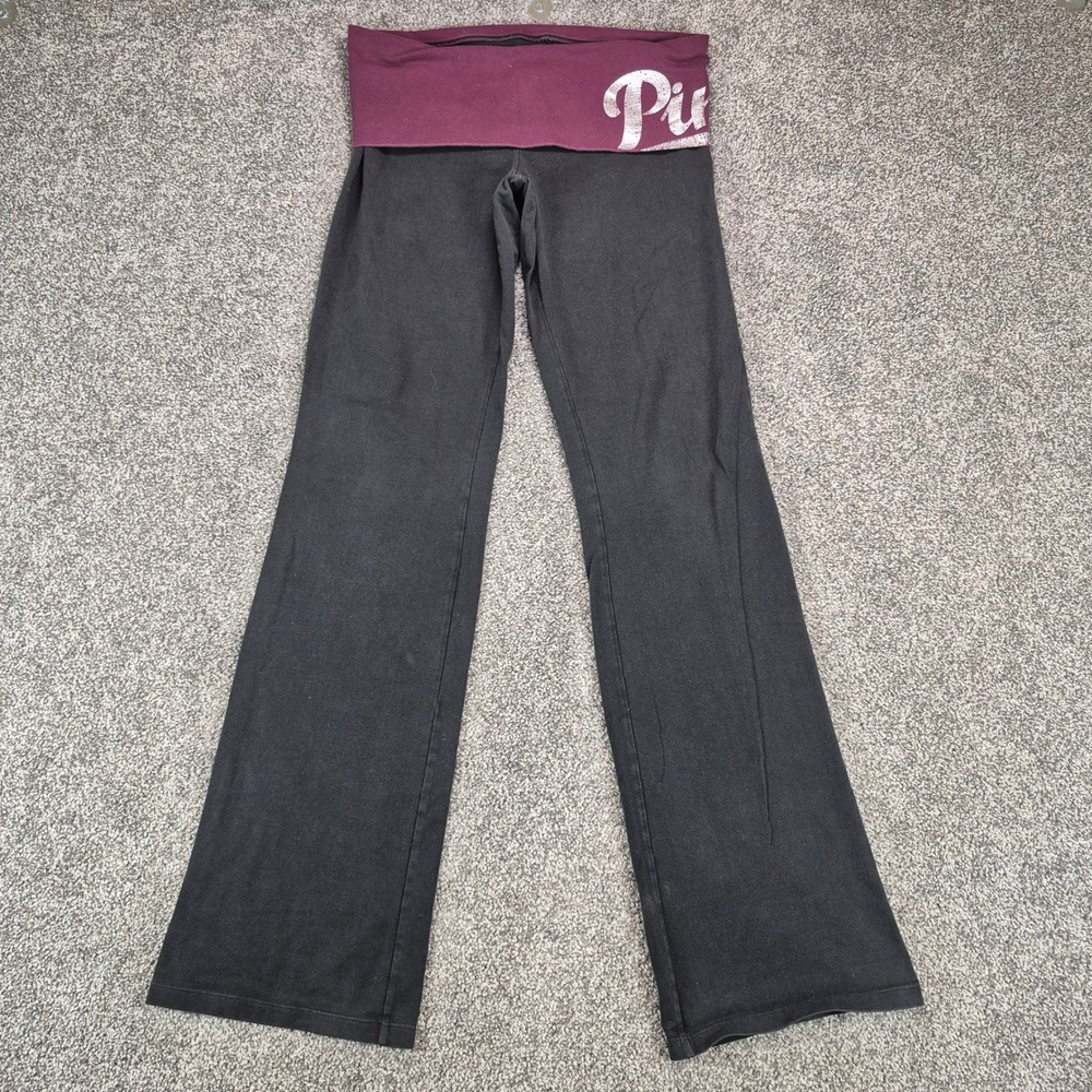 Victoria's Secret PINK Yoga Pants Womens Medium Black Foldover Rhinestone Flare - Picture 1 of 13